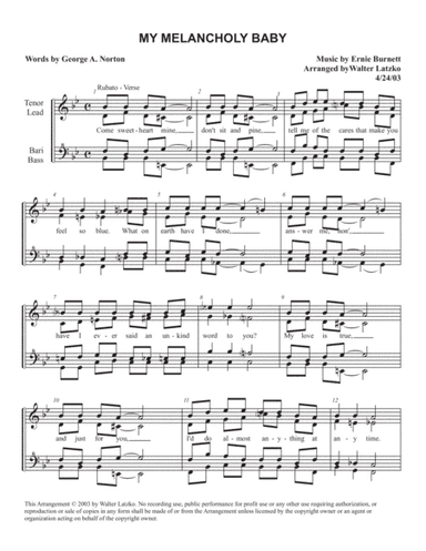 MY MELANCHOLY BABY (arr. Walter Latzko)