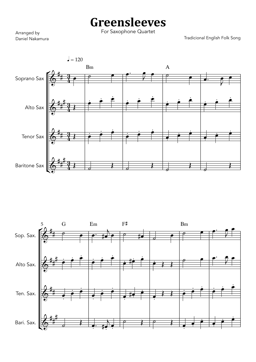 Greensleeves (For Sax Quartet) (arr. Daniel Nakamura)