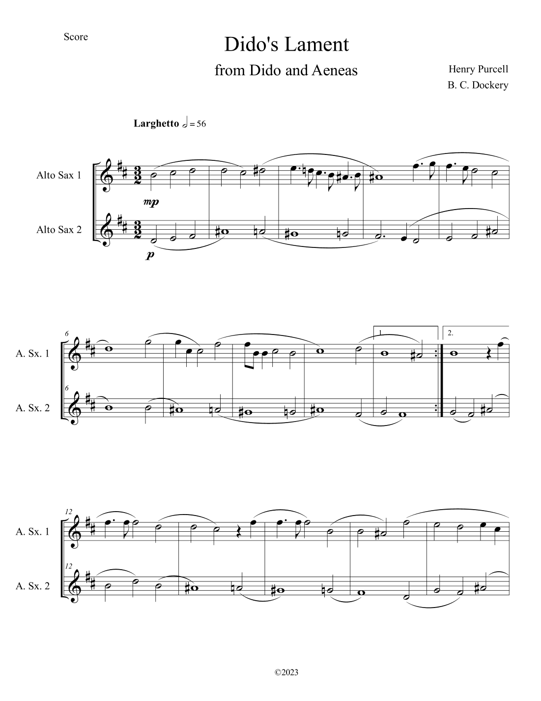 Dido's Lament (Alto Sax Duet) (arr. B. C. Dockery)