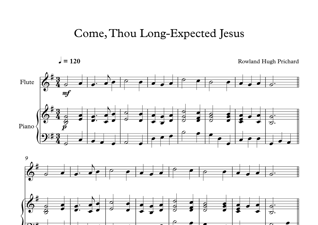 Come, Thou Long-Expected Jesus - Rowland Hugh Prichard (Flute + Piano) (arr. Digital Book Music)
