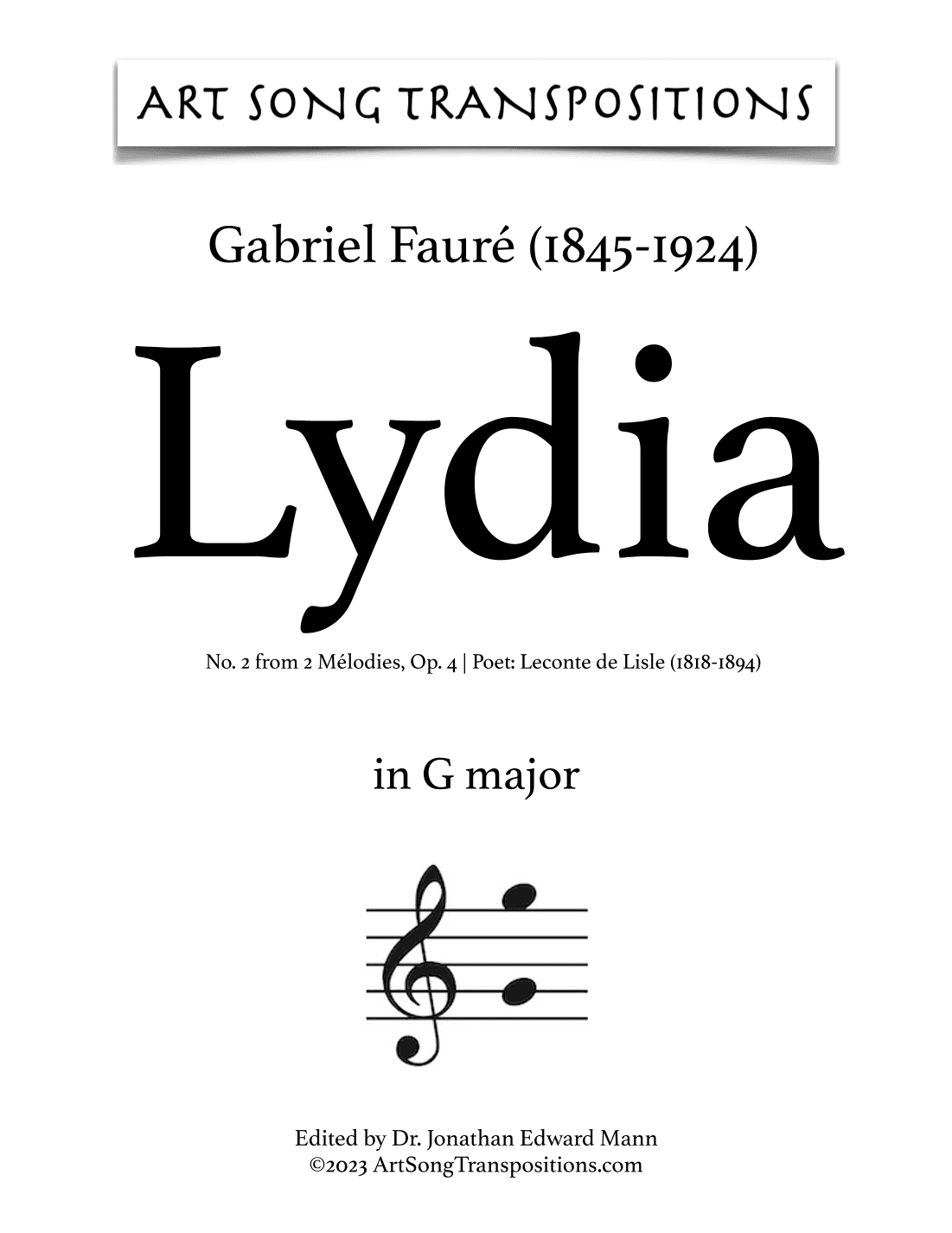 FAURÉ: Lydia, Op. 4 no. 2 (transposed to G major) (arr. ArtSongTranspositions.com)