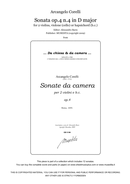 Corelli, Sonata op.4 n.4 in D major (arr. Alessandro Bares)