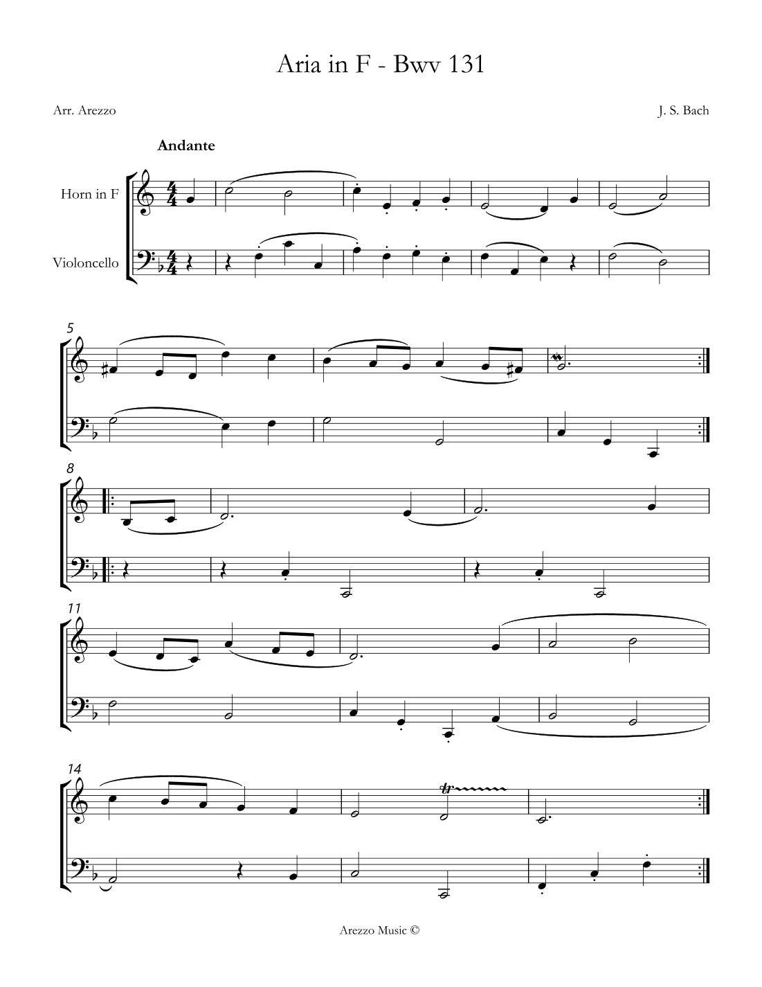 bach bwv anh. 131 gavotte in f major Horn and Cello Sheet Music (arr. Arezzo Music)