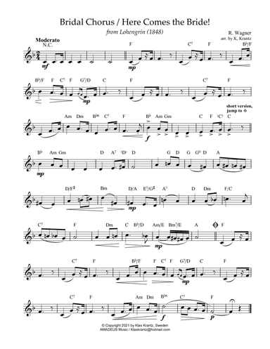 Bridal Chorus / Here Comes the Bride! lead sheet with guitar chords (F Major) (arr. K. Krantz)