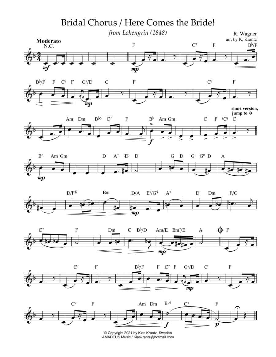 Bridal Chorus / Here Comes the Bride! lead sheet with guitar chords (F Major) (arr. K. Krantz)