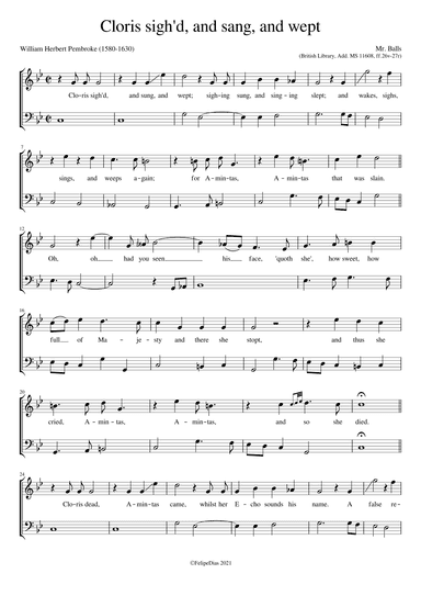 Cloris sighed, and sang, and wept (Add. MS 11608) (arr. Early Music Scores)