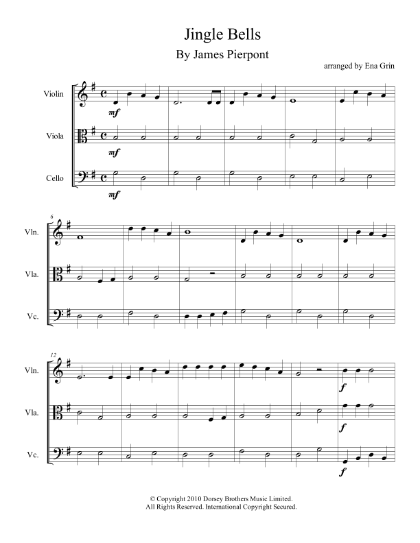 Jingle Bells (arr. arranged for violin, viola and cello by Ena Grin, 2 pages)