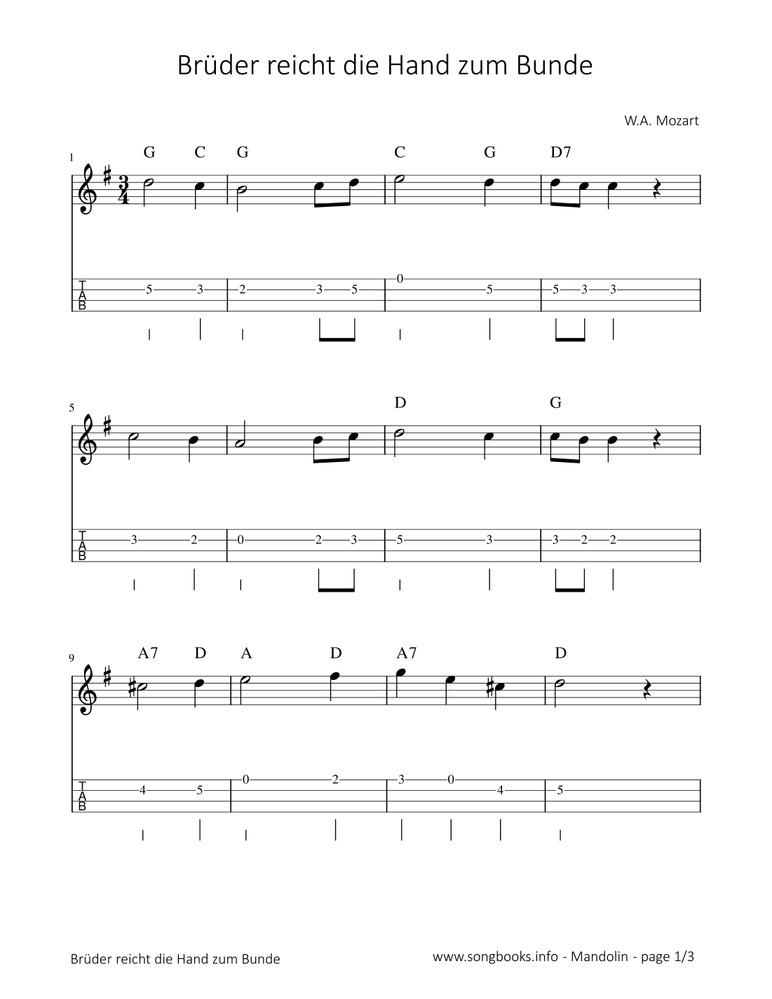 Brüder reicht die Hand zum Bunde - W. A. Mozart (arr. songbooks.info)