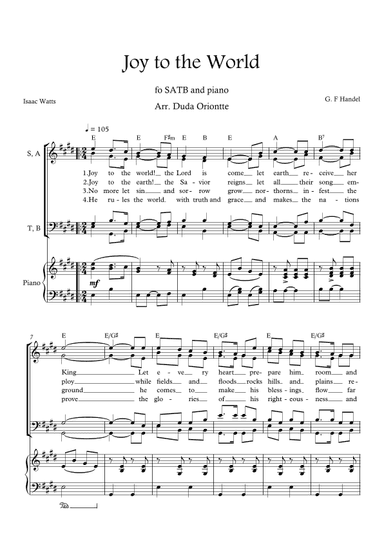 Joy to the World (E major - SATB - with chords - with piano - four staff) (arr. Duda Oriontte)