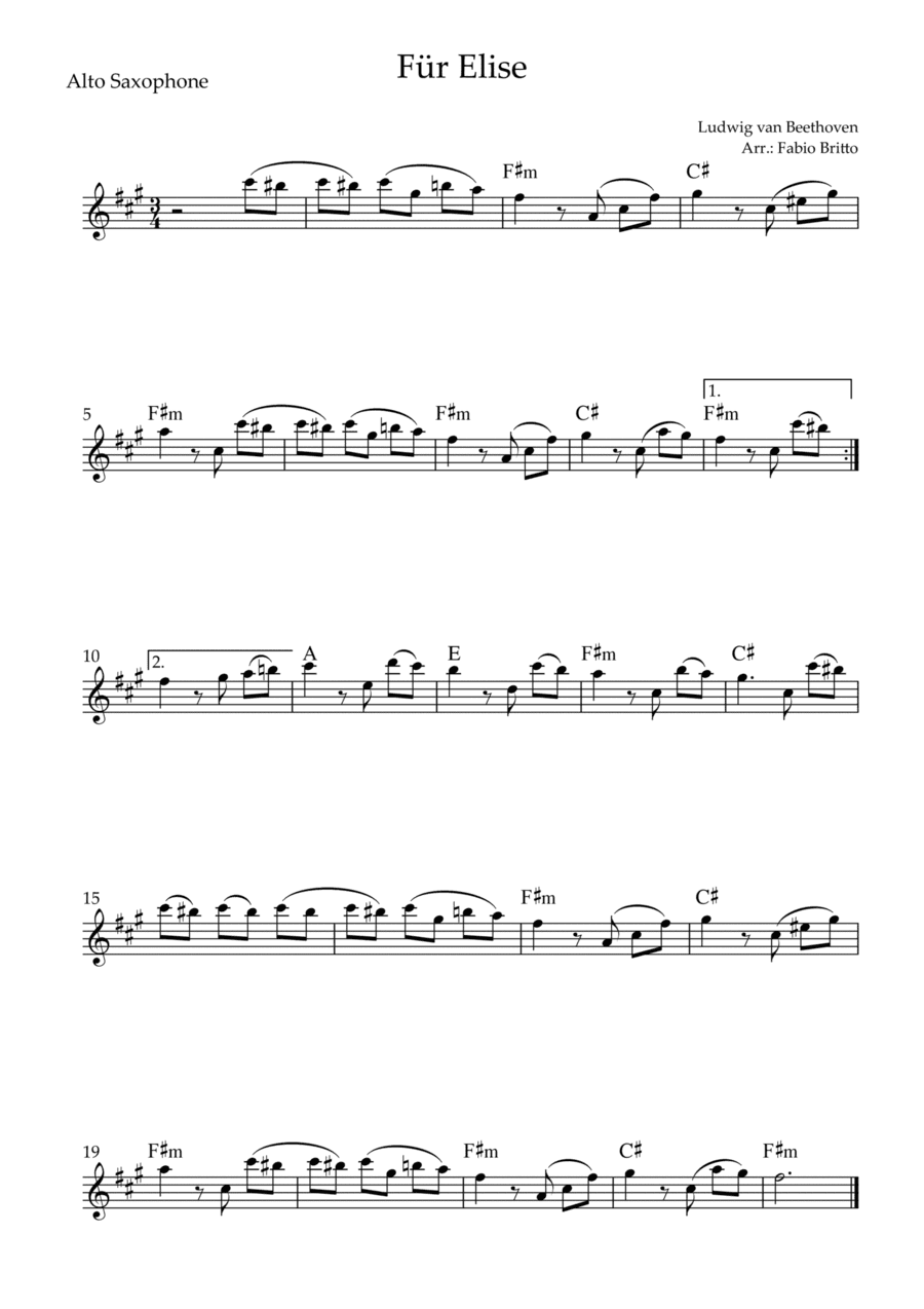 Für Elise (Beethoven) for Alto Saxophone Solo with Chords (Simplified) (arr. Fabio Britto)