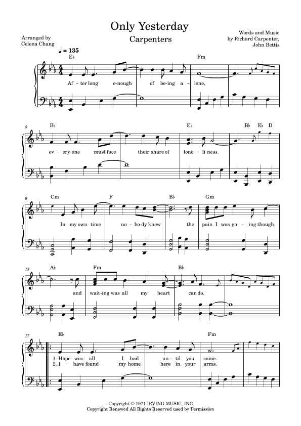 Only Yesterday (arr. Celena Chang)