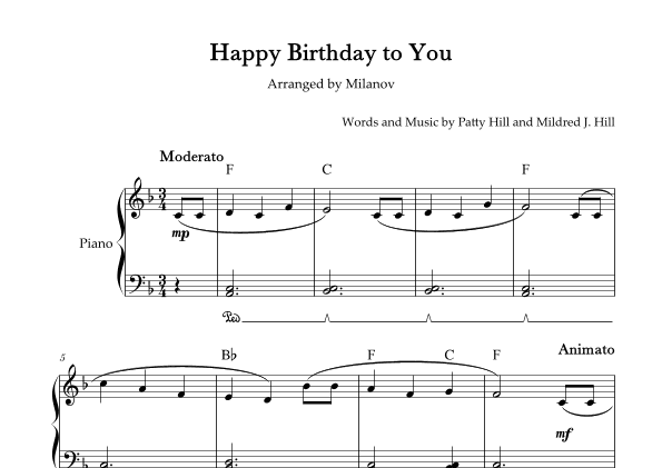 Happy Birthday to You Piano in F Easy Intermediate Chord Pedal (arr. Milanov)