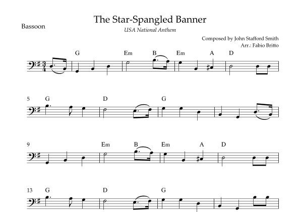 The Star Spangled Banner (USA National Anthem) for Bassoon Solo with Chords (G Major) (arr. Fabio Britto)