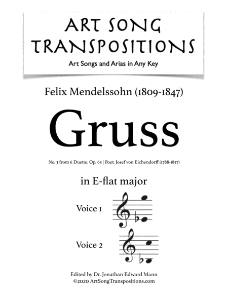 MENDELSSOHN: Gruss, Op. 63 no. 3 (transposed to E-flat major) (arr. ArtSongTranspositions.com)
