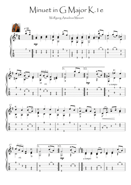 Minuet in G by Mozart guitar solo (arr. PianoSheetNow)