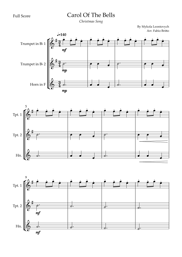 Carol Of The Bells (Christmas Song) for Brass Trio (arr. Fabio Britto)
