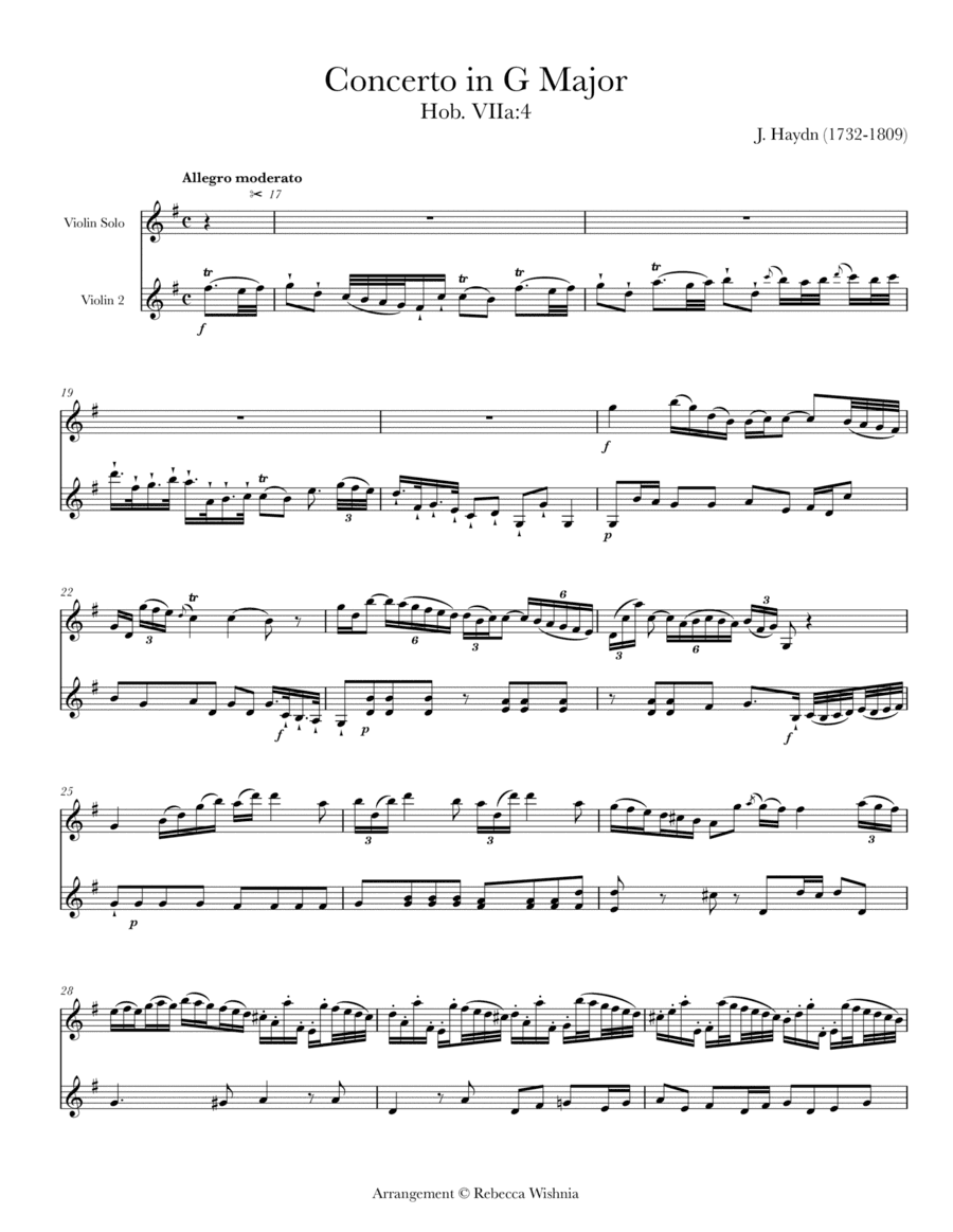 Violin Concerto in G Major, Hob. VIIa:4 (arr. 2 violins) (arr. Rebecca Wishnia)