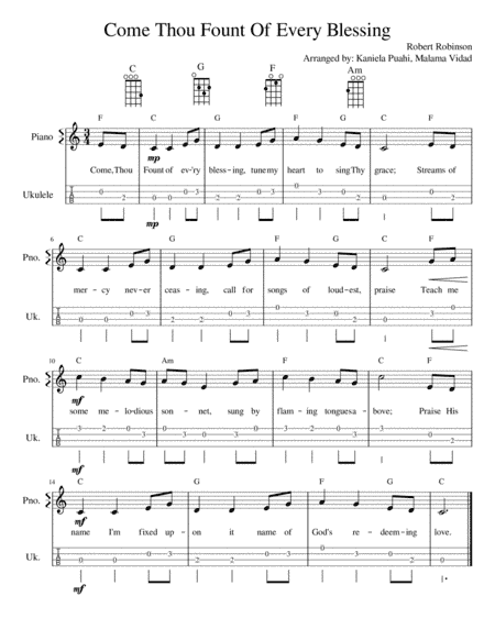 Come Thou Fount Of Every Blessing Easy Ukulele Tab/Fingerpicking (arr. Kaniela Puahi, Malama Vidad)