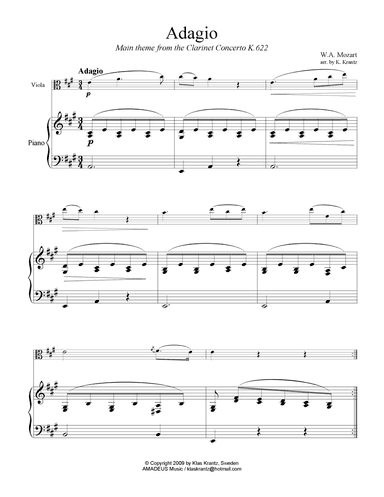 Adagio from the clarinet concerto (theme) for viola and easy piano (arr. K. Krantz)