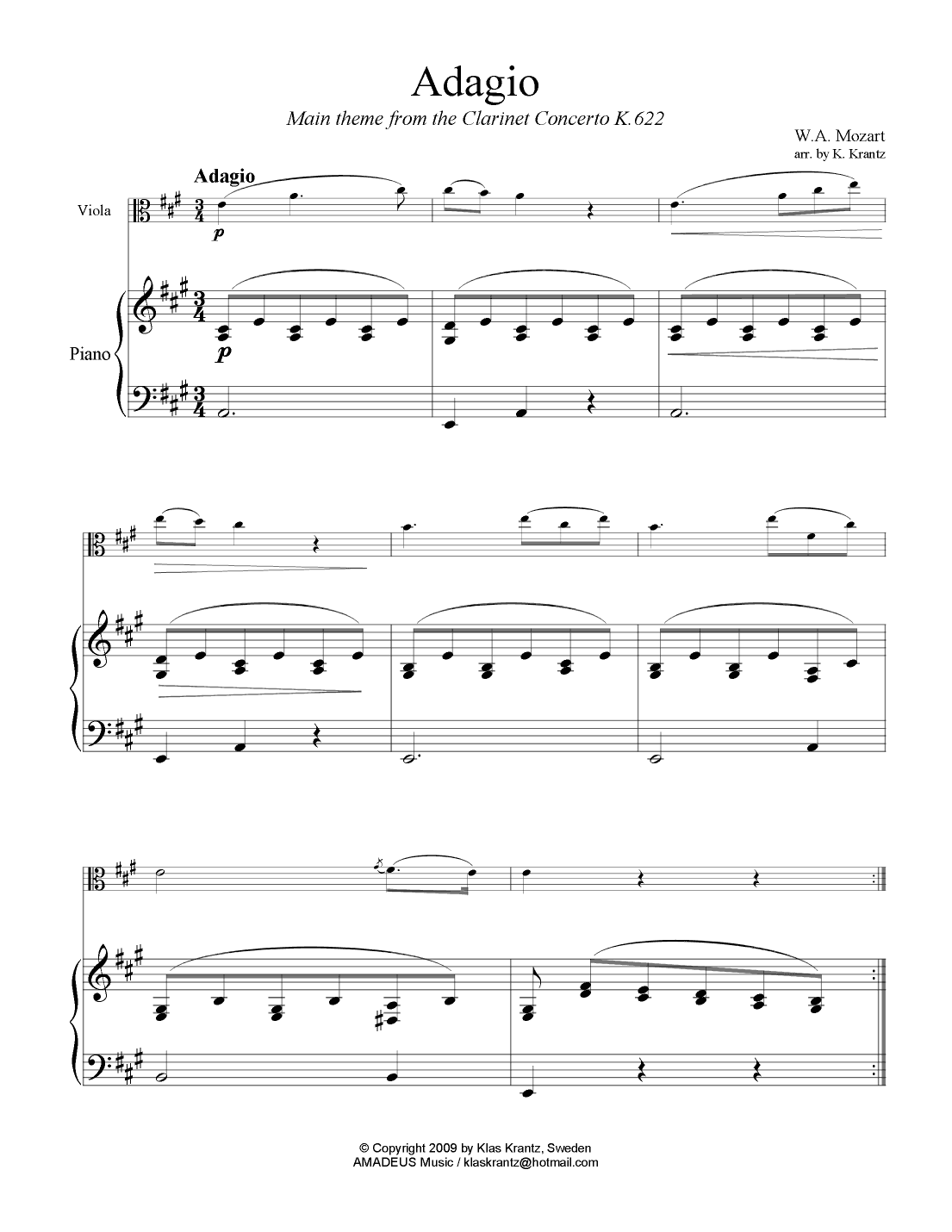 Adagio from the clarinet concerto (theme) for viola and easy piano (arr. K. Krantz)
