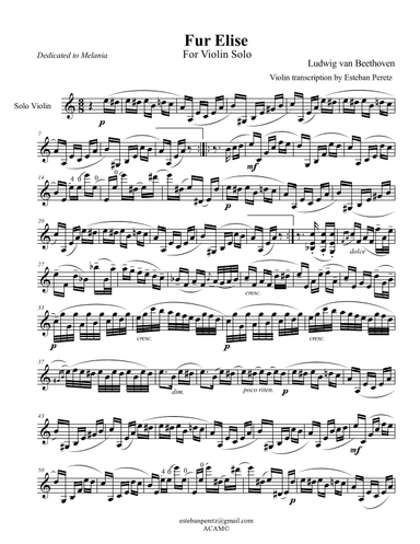 Fur Elise for Solo Violin (arr. Esteban Peretz)