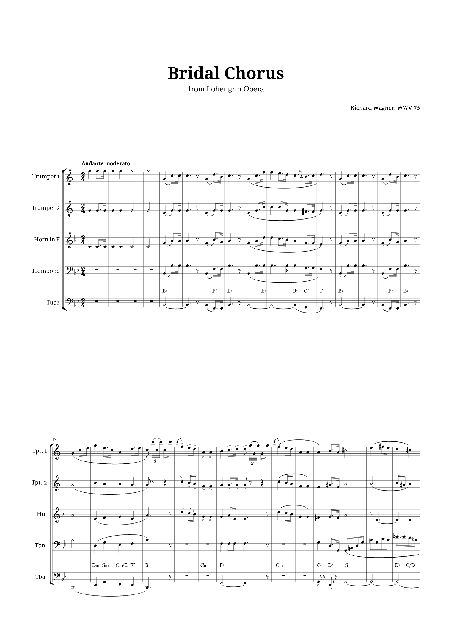 Bridal Chorus by Wagner for Brass Quintet with Chords (arr. Langanho)