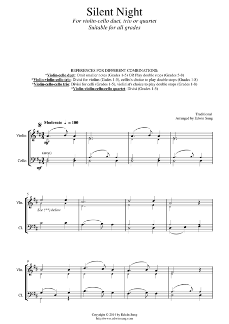 Silent Night (for violin-cello duet, trio or quartet. Suitable for ALL grades) (arr. Edwin Sung)