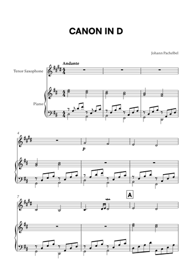 Canon in D (for Tenor Saxophone and Piano) (arr. Cadenza Editions)