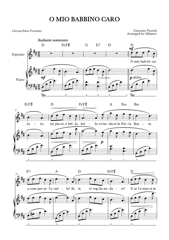 O Mio Babbino Caro | Female Voice Soprano | D Major | Piano accompaniment | Pedal | Chords (arr. Milanov)