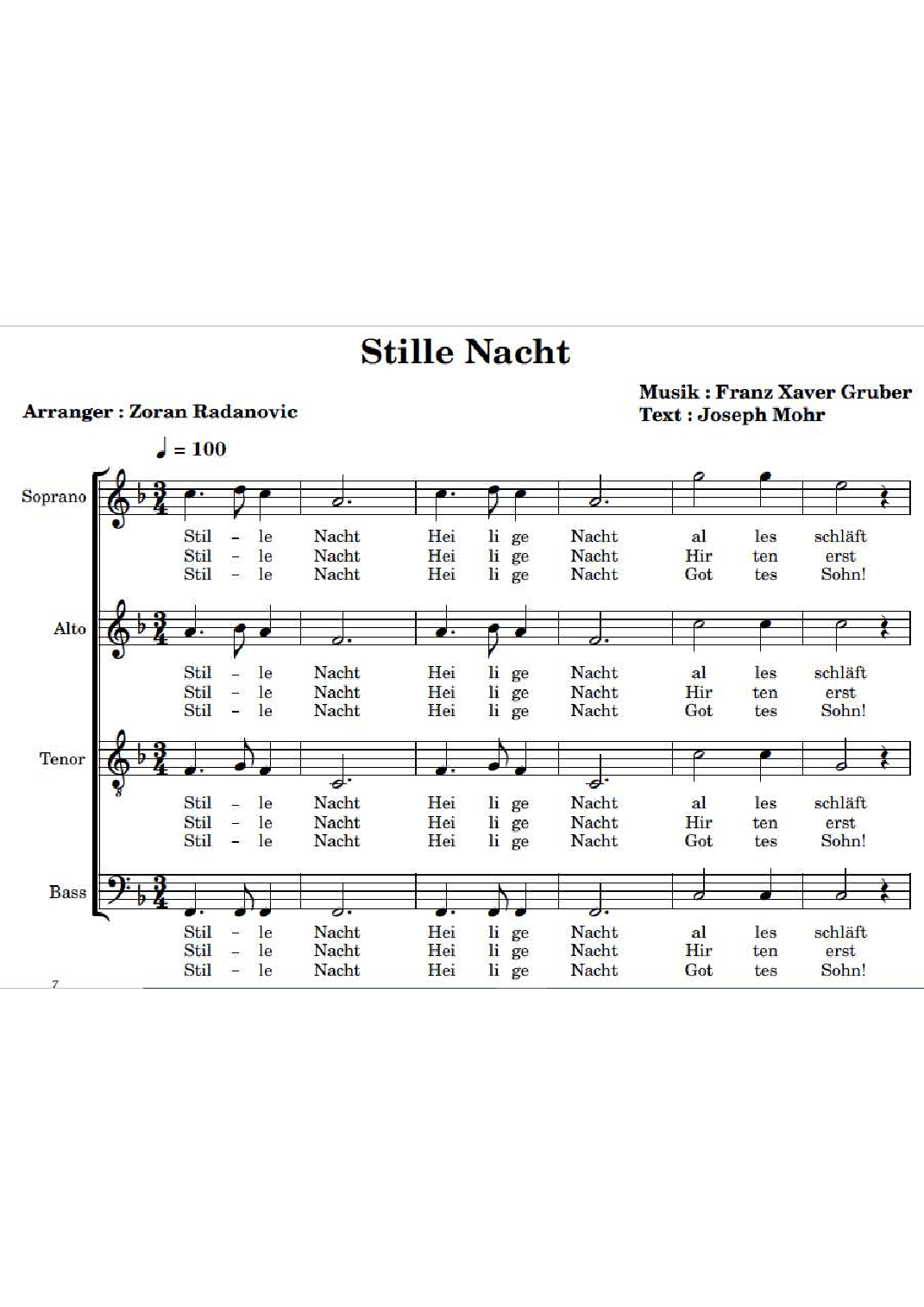 Stille Nacht - SATB  - german lyrics (arr. Zoran Radanovic)