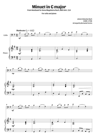 Minuet in G major (cello and piano – clean sheet music) (arr. Bernardo Pereira)