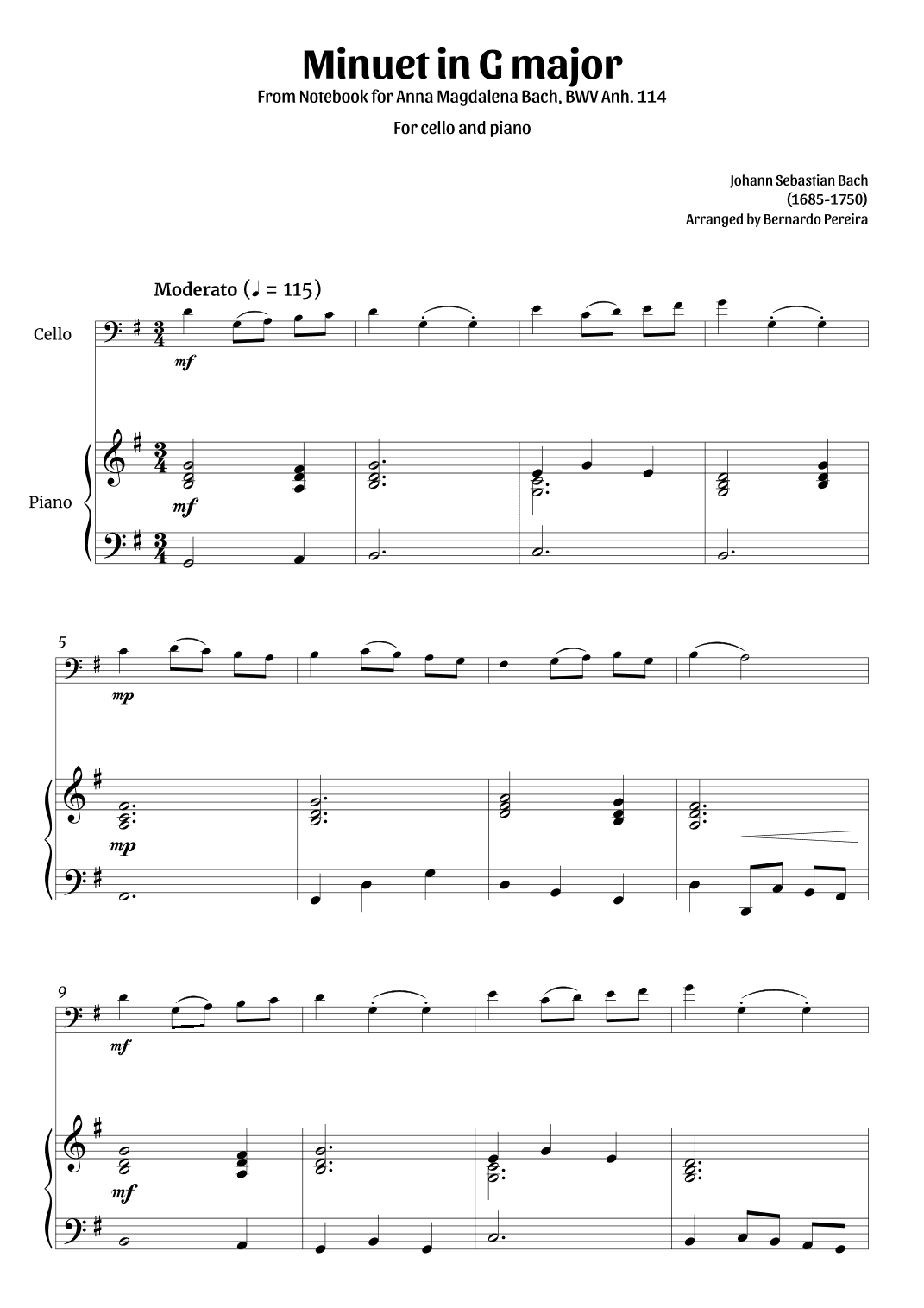 Minuet in G major (cello and piano – clean sheet music) (arr. Bernardo Pereira)