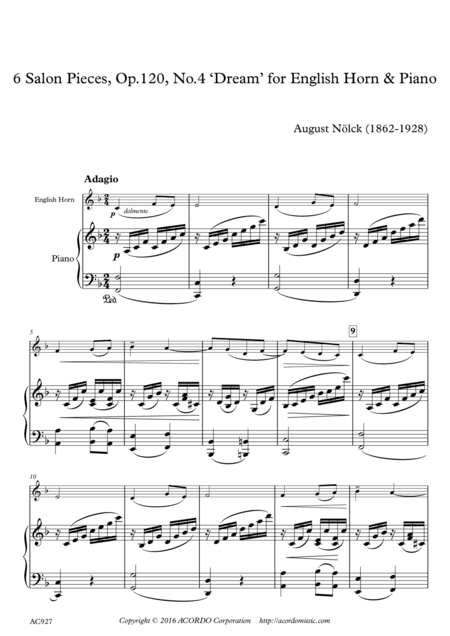 6 Salon Pieces, Op.120, No.4 ‘Dream’ for English Horn & Piano (arr. Mikio Kamada)