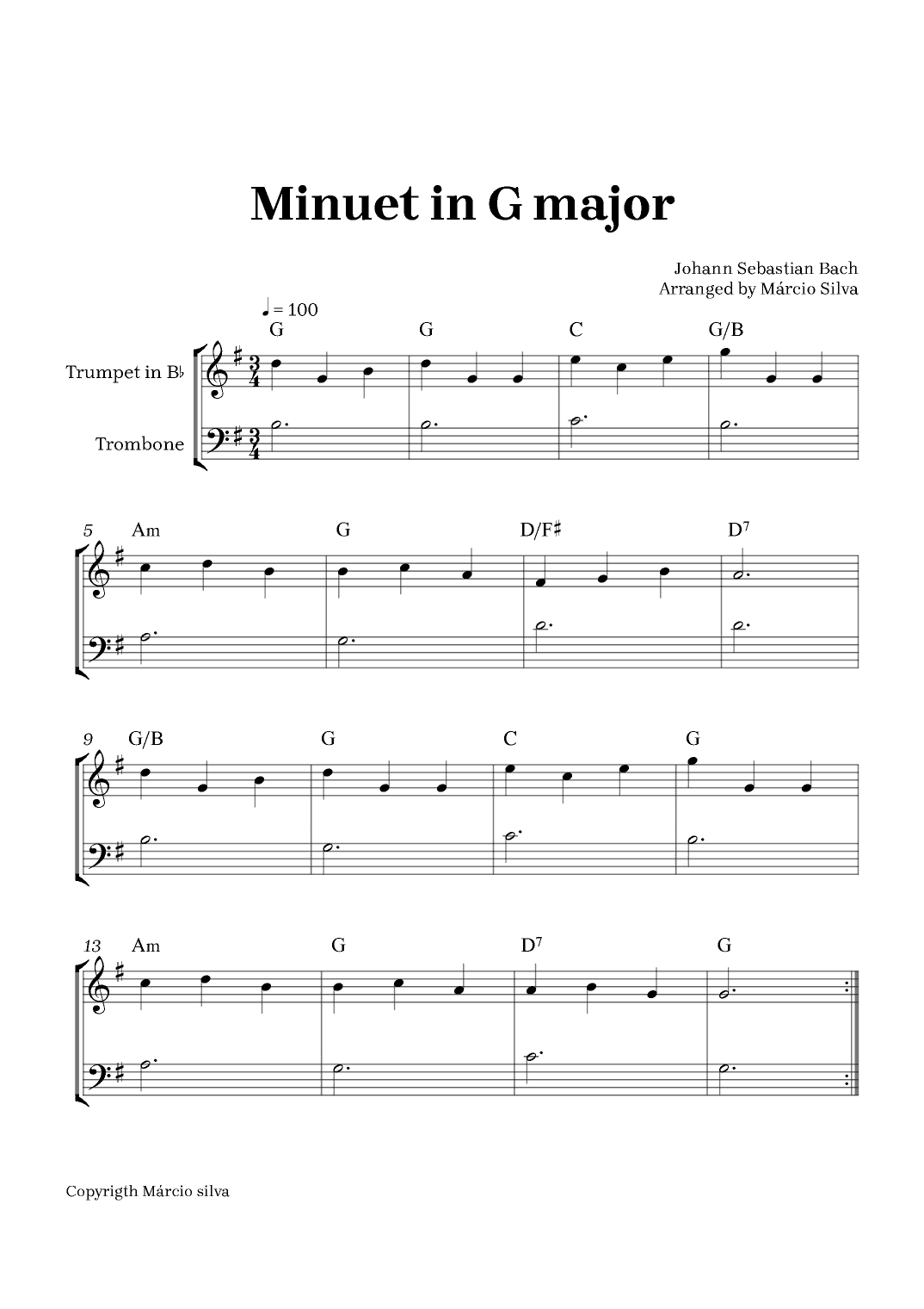 Minuet in G Major - for trumpet Bb and Trombone (arr. Márcio Silva)