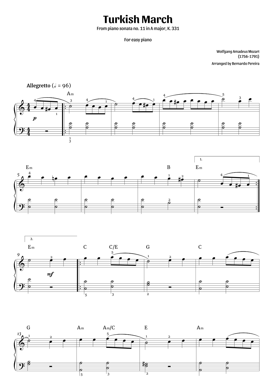 Turkish March (easy piano) (arr. Bernardo Pereira)