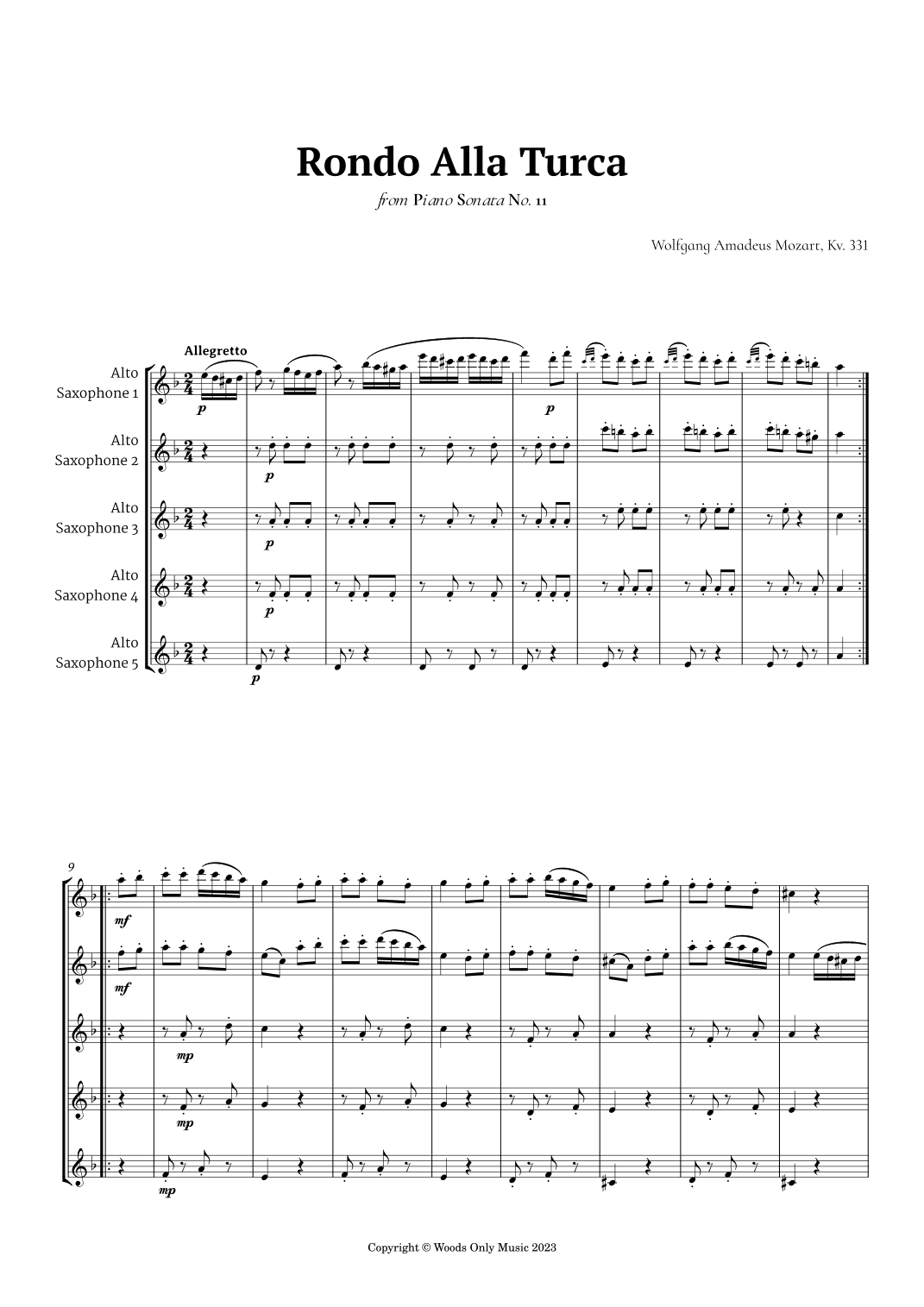 Rondo Alla Turca by Mozart for Alto Sax Quintet (arr. Ander)
