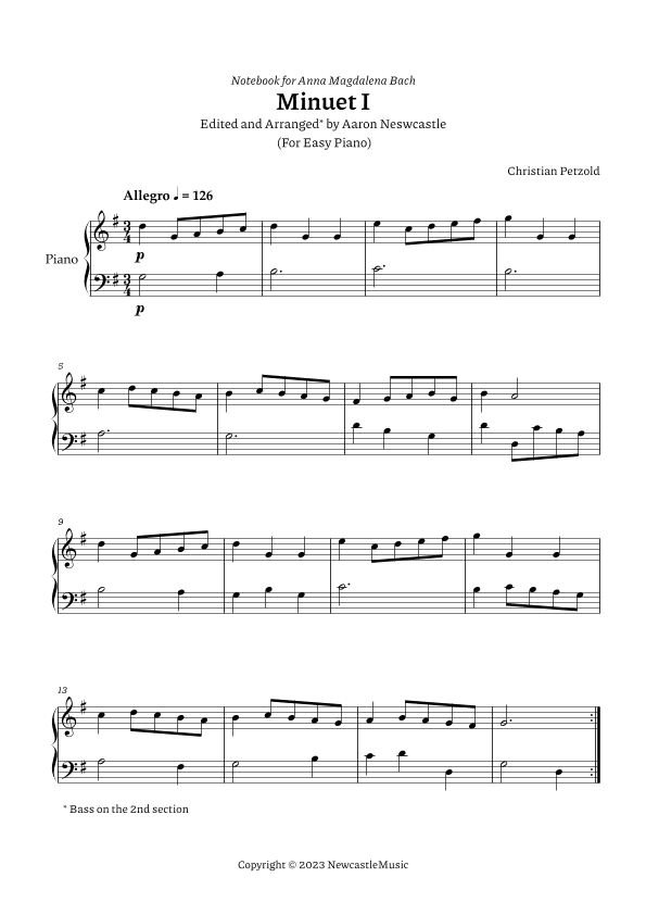 Bach, A. M. (Book) | C. Petzold | G Major (#02/12 Keys) Minuet I — For Easy Piano. (arr. Aaron Newcastle)