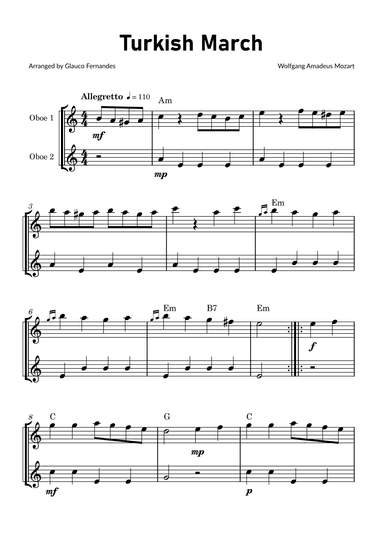Turkish March by Mozart - Oboe Duet with Chord Notations (arr. Glauco Fernandes)