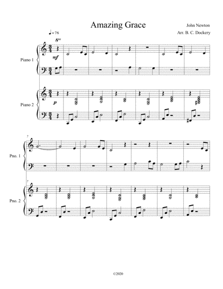 Amazing Grace (student - teacher piano duet) (arr. B C Dockery)
