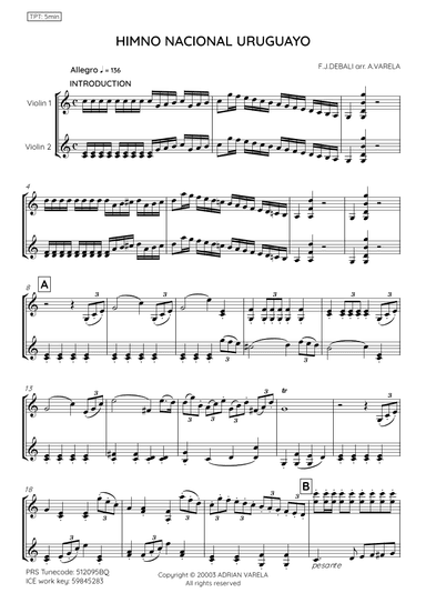 HIMNO NACIONAL DE URUGUAY for violin duet (arr. Adrian Varela)