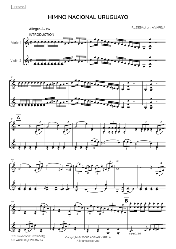 HIMNO NACIONAL DE URUGUAY for violin duet (arr. Adrian Varela)