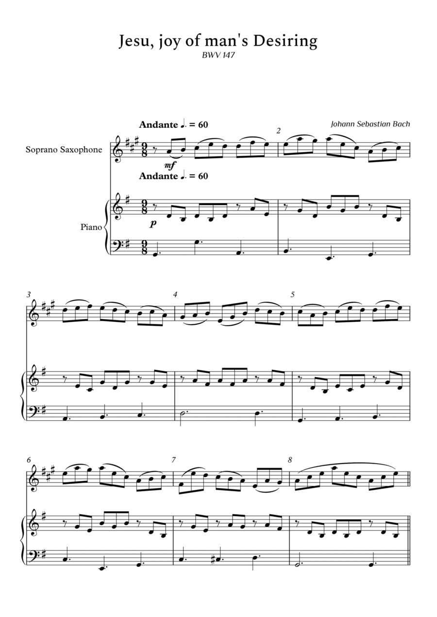 Jesu, Joy of Man's Desiring for Soprano Sax and Piano (Arpeggios Not Chords) - Score and Parts (arr. Cássio Silva Chaves)