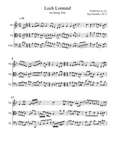 Loch Lomond, for Violin, Viola, Cello Trio (arr. Ray Kamada)