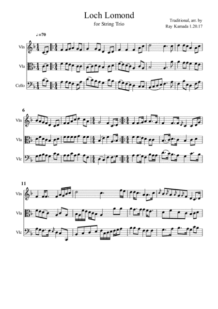 Loch Lomond, for Violin, Viola, Cello Trio (arr. Ray Kamada)