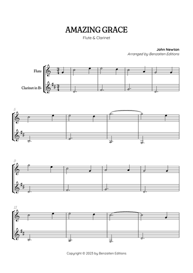 Amazing Grace • super easy flute and clarinet duet sheet music in PDF (arr. Benzaiten Editions)