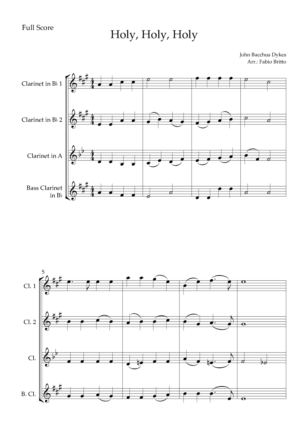 Holy, Holy, Holy (Traditional Christian Song) for Clarinet Quartet (arr. Fabio Britto)