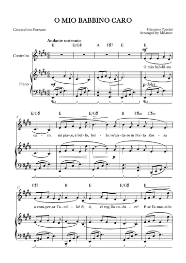 O Mio Babbino Caro | Female Voice Contralto | E Major | Piano accompaniment | Pedal | Chords (arr. Milanov)