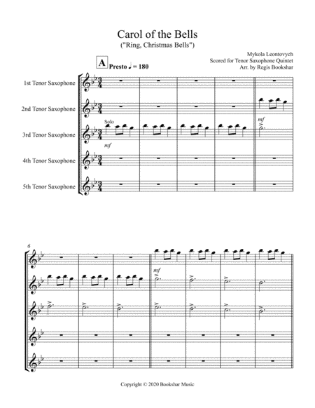 Carol of the Bells (F min) (Tenor Saxophone Quintet) (arr. Regis Bookshar)