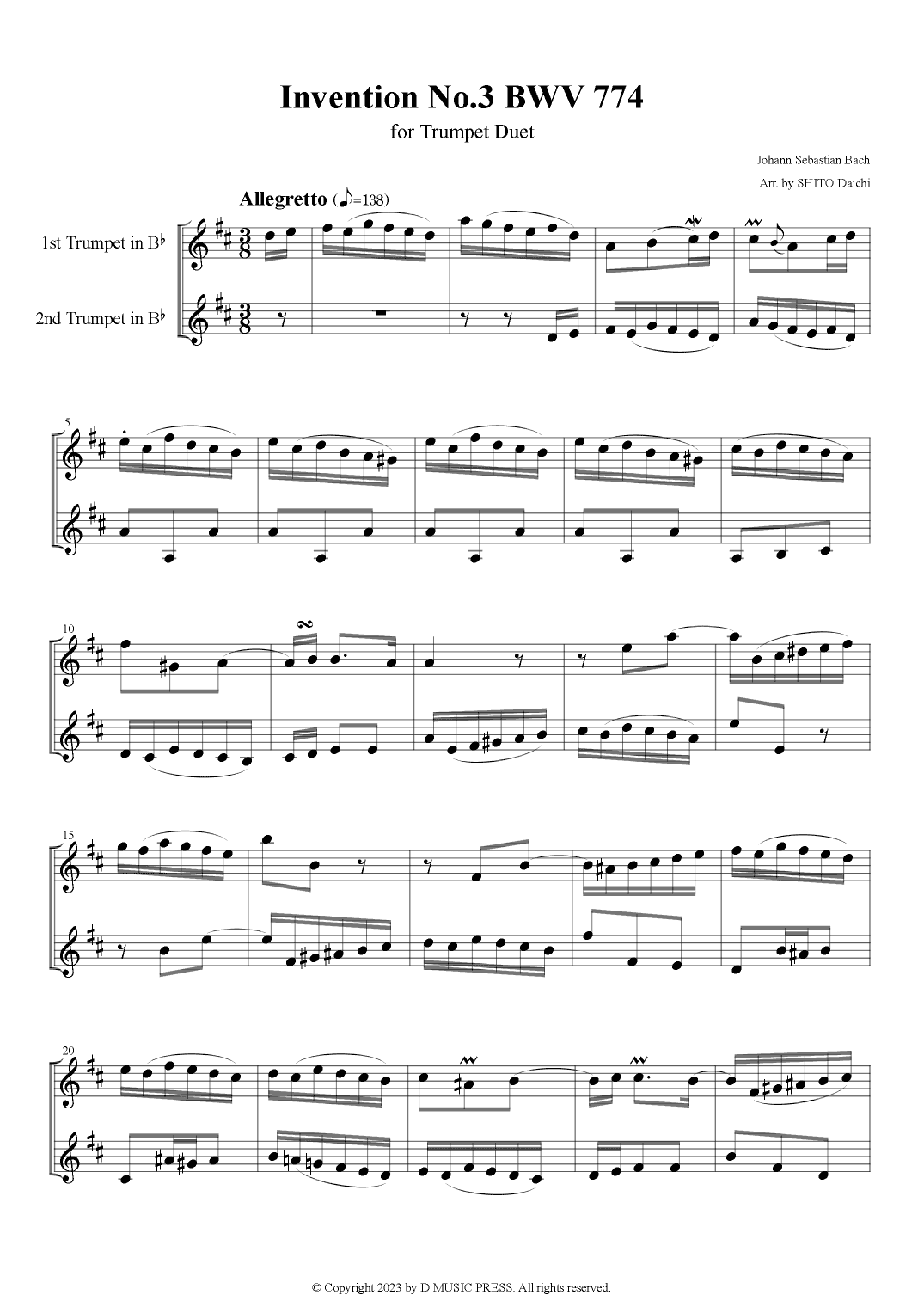 Invention No.3 BWV 774 for Trumpet Duet (arr. SHITO Daichi)