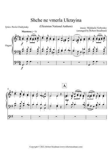 Shche ne vmerla Ukrayina (Ukrainian National Anthem) - ORGAN (arr. Robert Steadman)